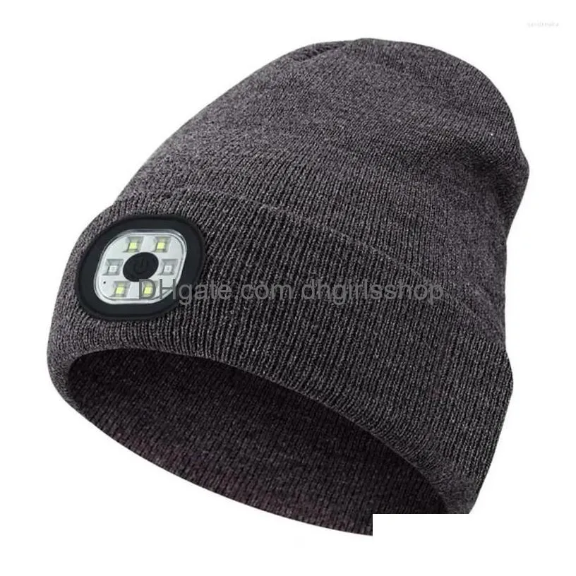 Berets Washable Led Cap Winter Warm Hat Rechargeable Waterproof High Brightness Illumination For Cam Night Jogging Drop Delivery Dhlez