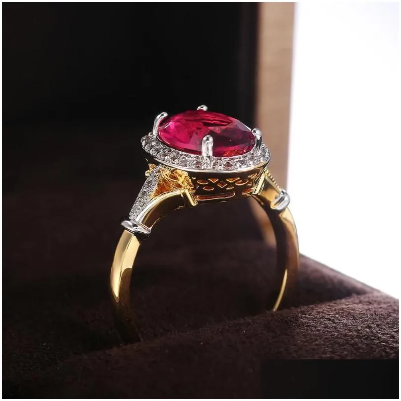 Cluster Rings Big Oval Shaped Rose Red Cubic Zirconia Women Luxury Ladies Jewelry For Party Mothers Gift Brilliant Cz Drop Delivery Dhl9I