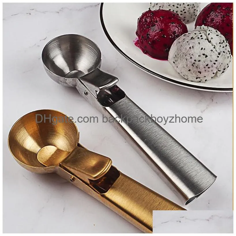 Ice Cream Tools Stainless Steel Ice Cream Scoop Tool With Trigger Comfortable Anti-Ze Handle Icecream Spoon Stacks Gelatos Frozen Yogu Dhmxt