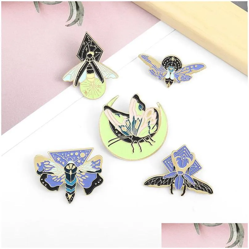 Pins, Brooches Pins Brooches Cartoon Enamel Luminous Brooch Ornaments Insect Moth Animal Firefly Butterfly For Women Kids Halloween G Dhxvm