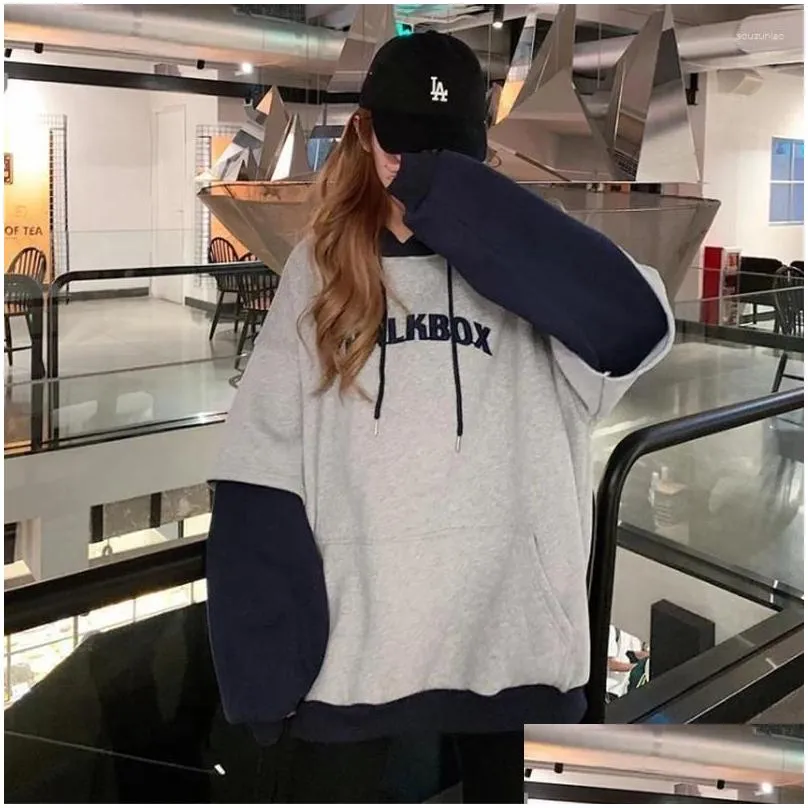 women`s hoodies 2024 fake two piece hooded pullover sweater for loose large lazy style plush thickened top