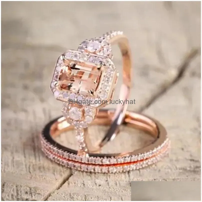 Cluster Rings Exquisite Design Square Inlaid With White Zircon Champagne Set Fashion Party Engagement Wedding Drop Delivery Dhzkc