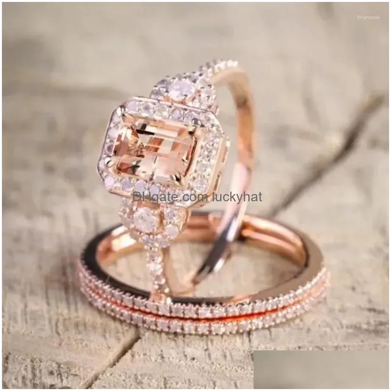 Cluster Rings Exquisite Design Square Inlaid With White Zircon Champagne Set Fashion Party Engagement Wedding Drop Delivery Dhzkc