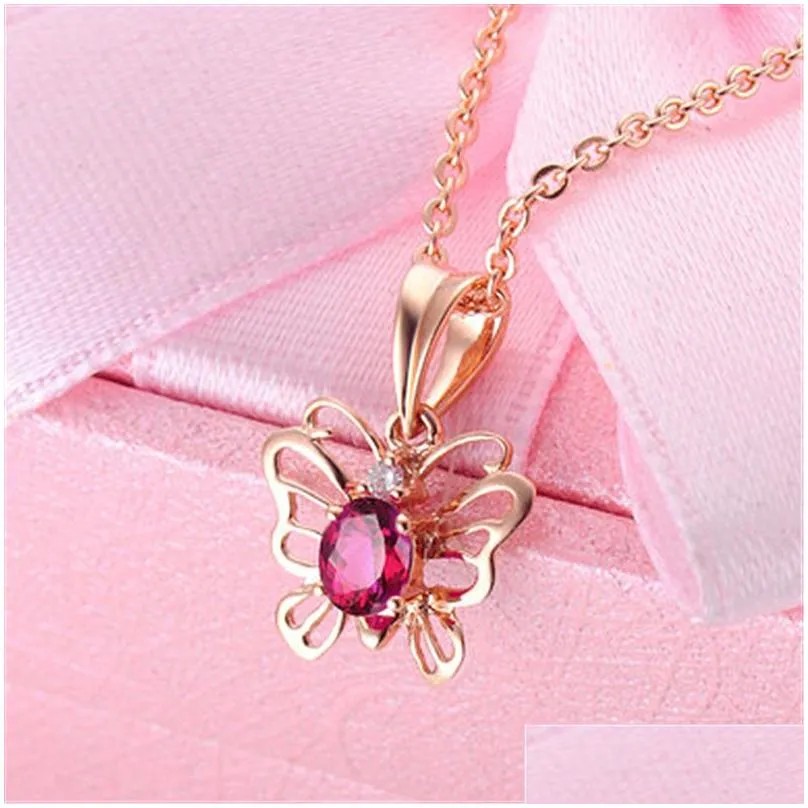 Pendant Necklaces Rose Gold Necklace Dancing Butterfly Gemstone Pendant Necklaces 18K Cutout Ruby Pendants Party Gift Jewelry Drop Del Dhtuq