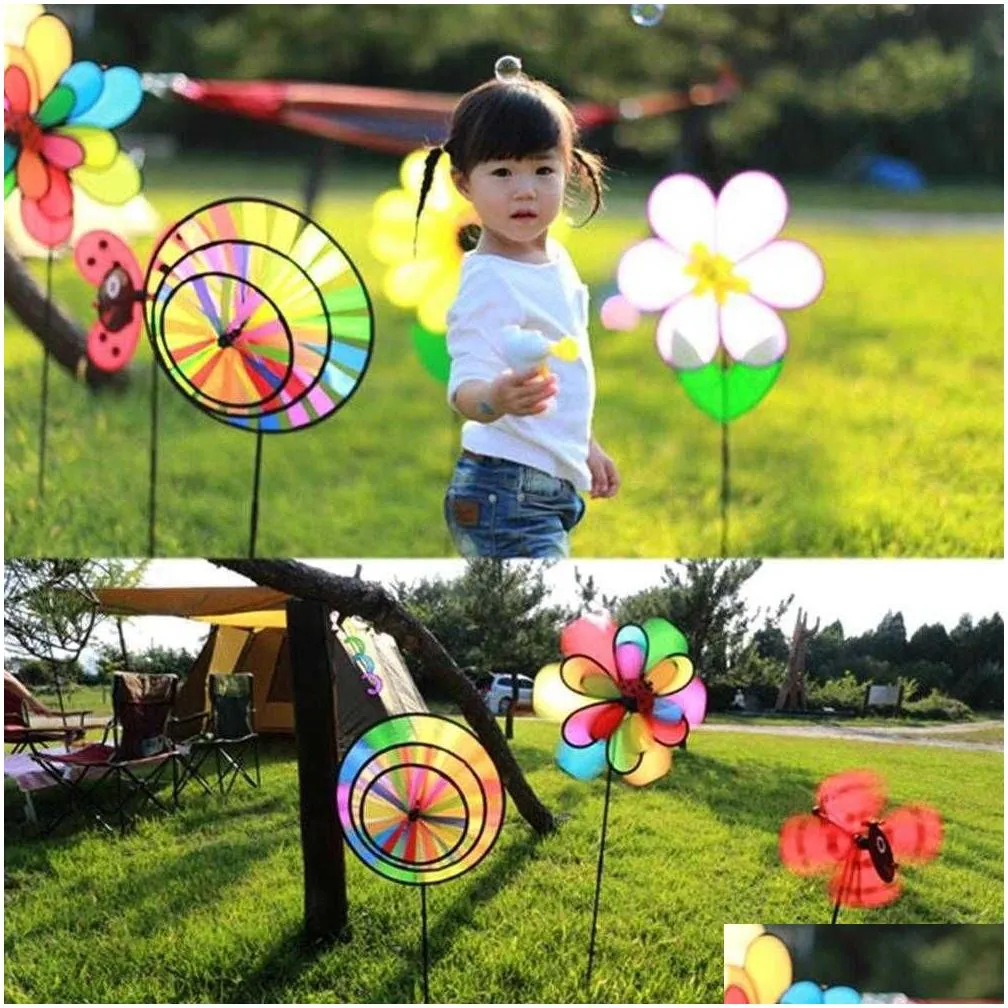 Garden Decorations 36Cm Colorf Rainbow Triple Wheel Wind Spinner Windmill Toys Yard Garden Decor T6P5 Drop Delivery Home Garden Patio, Dh5Fw