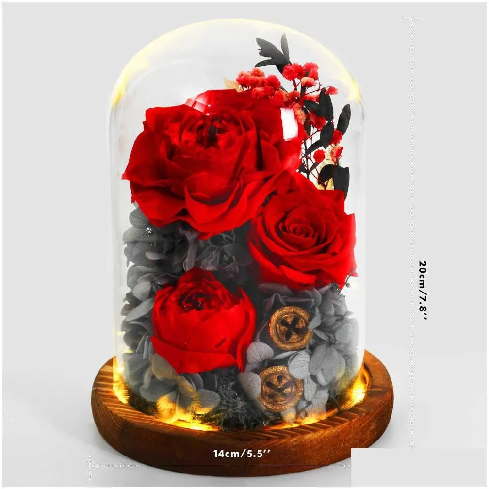 Decorative Flowers & Wreaths Valentine Mother Day Wedding Party Gift Preserved Rose Immortal Flowers In Glass Dome With Lamp Home Deco Dhkps