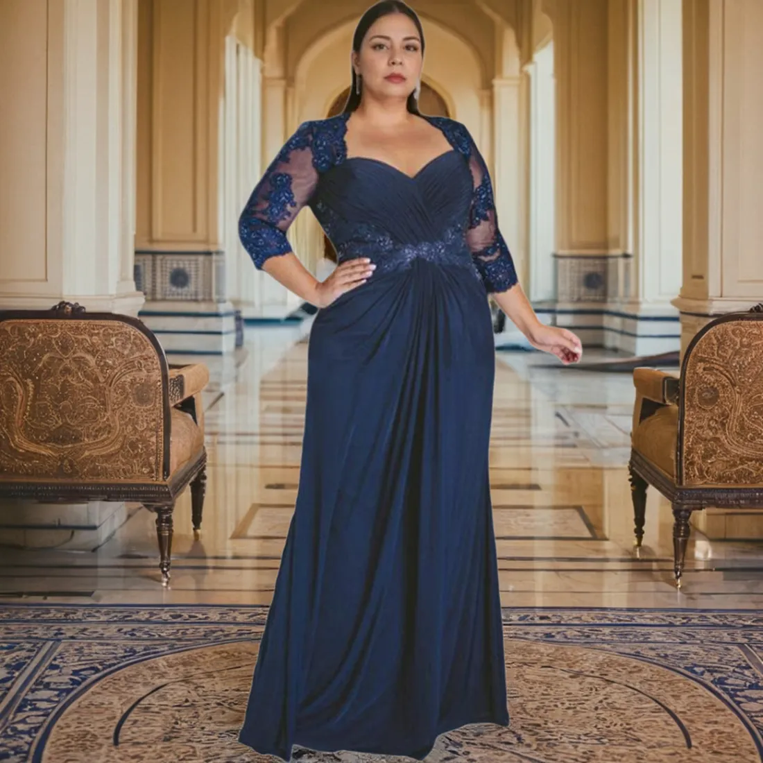 Navy Blue Vintage Mother Of The Bride Dresses 3/4 Sleeves Beaded Lace Pleated Chiffon Mother's Dresses For Arabic Black Women Wedding Guest Outfit Gowns AMM049