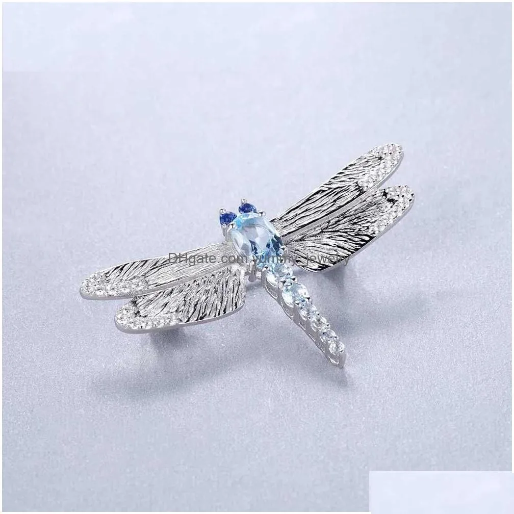 Pins, Brooches Pins Brooches Gems Beauty Dragonfly Natural Sky Blue Topaz Peridot Brooch For Women Real 925 Sterling Sier Trendy Fine Dht20