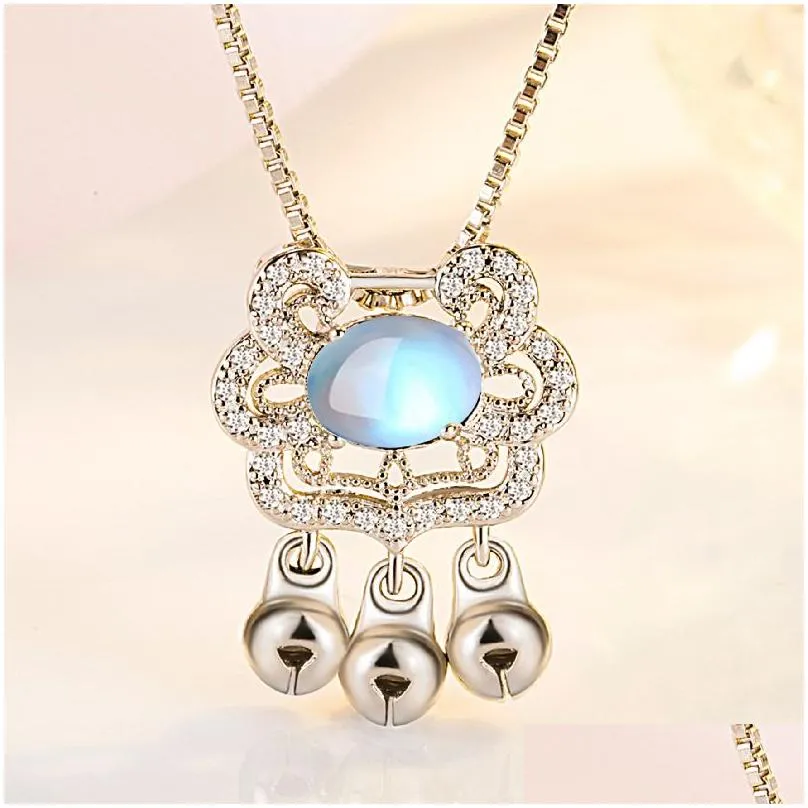 Pendant Necklaces Moonstone An Long Life Lock Necklace Original Simple Rhinestone Small Chain Ruyi Design Temperament Clavicle Drop De Dhbtj