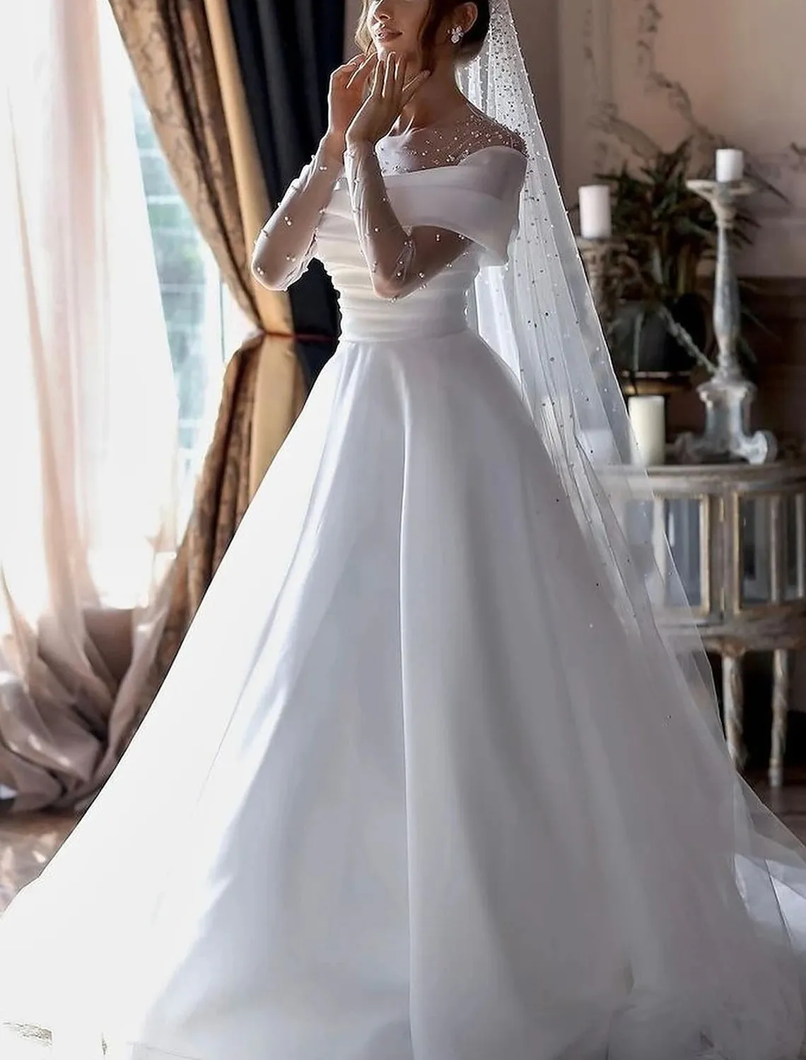 Exquisite Long Sleeves Wedding Dress Scoop Pearls Arabic Bridal Gowns Floor Trumpet Bridal Dresses Robe De Soiree