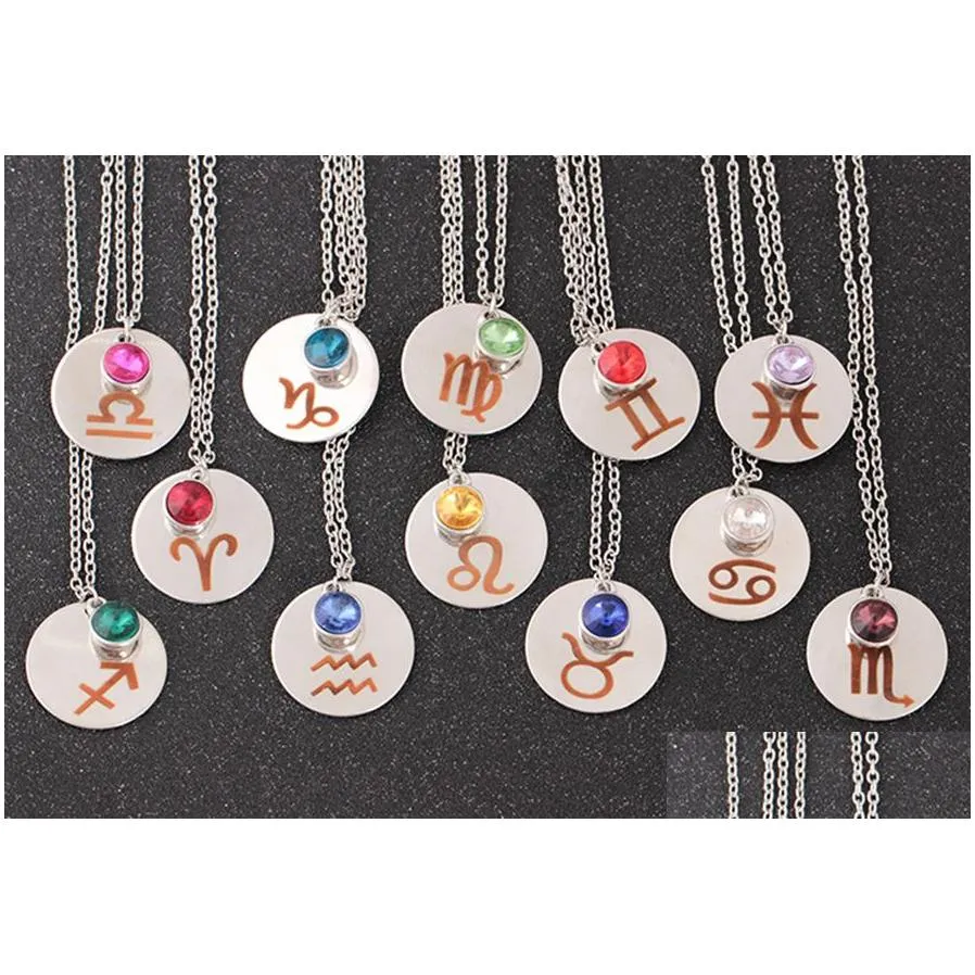 Pendant Necklaces Constellations Necklaces Blue Pink Symbol Zodiac Chain Necklace 12 Twee Crystal Drop Delivery Jewelry Necklaces Pend Dhe3G