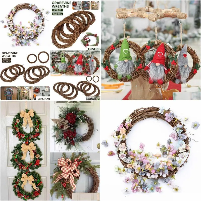 Decorative Flowers & Wreaths 25/30Cm Christmas Rattan Wreath Braided Diy Hand-Woven Grapevine Vines Wreaths Crafts For Wedding Hallowe Dhmwf