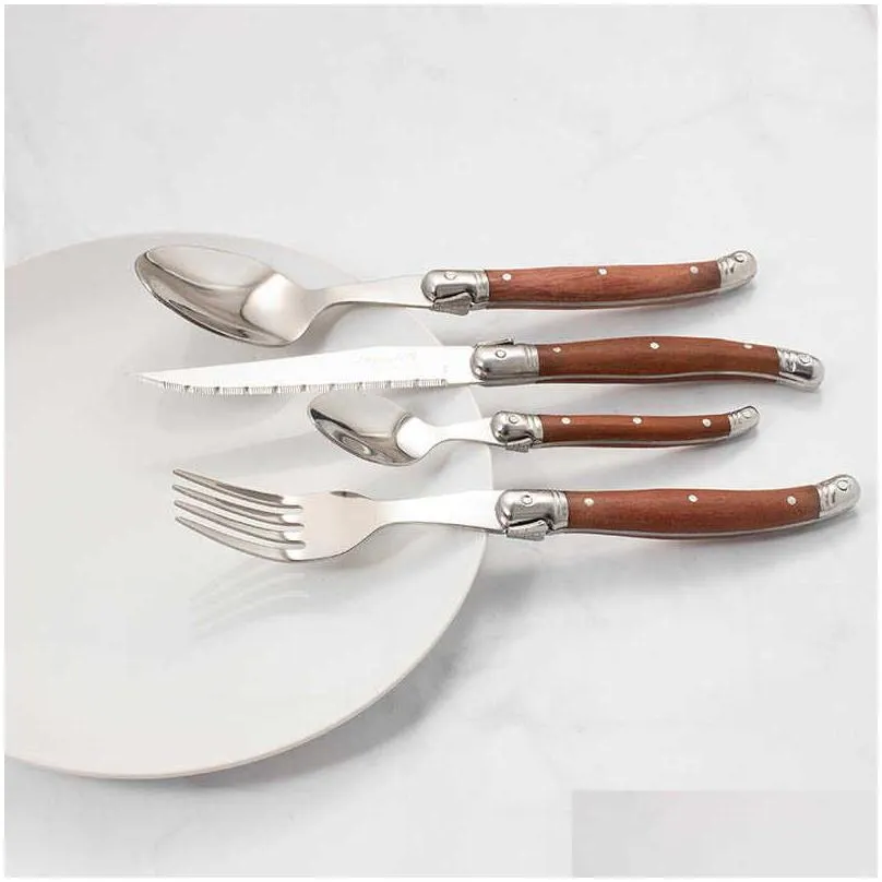 Dinnerware Sets 24Pieces Laguiole Cutlery Set Wood Handle Tableware Stainless Steel Steak Knives Wooden Japanese Dinnerware Kitchen Ac Dhrxz