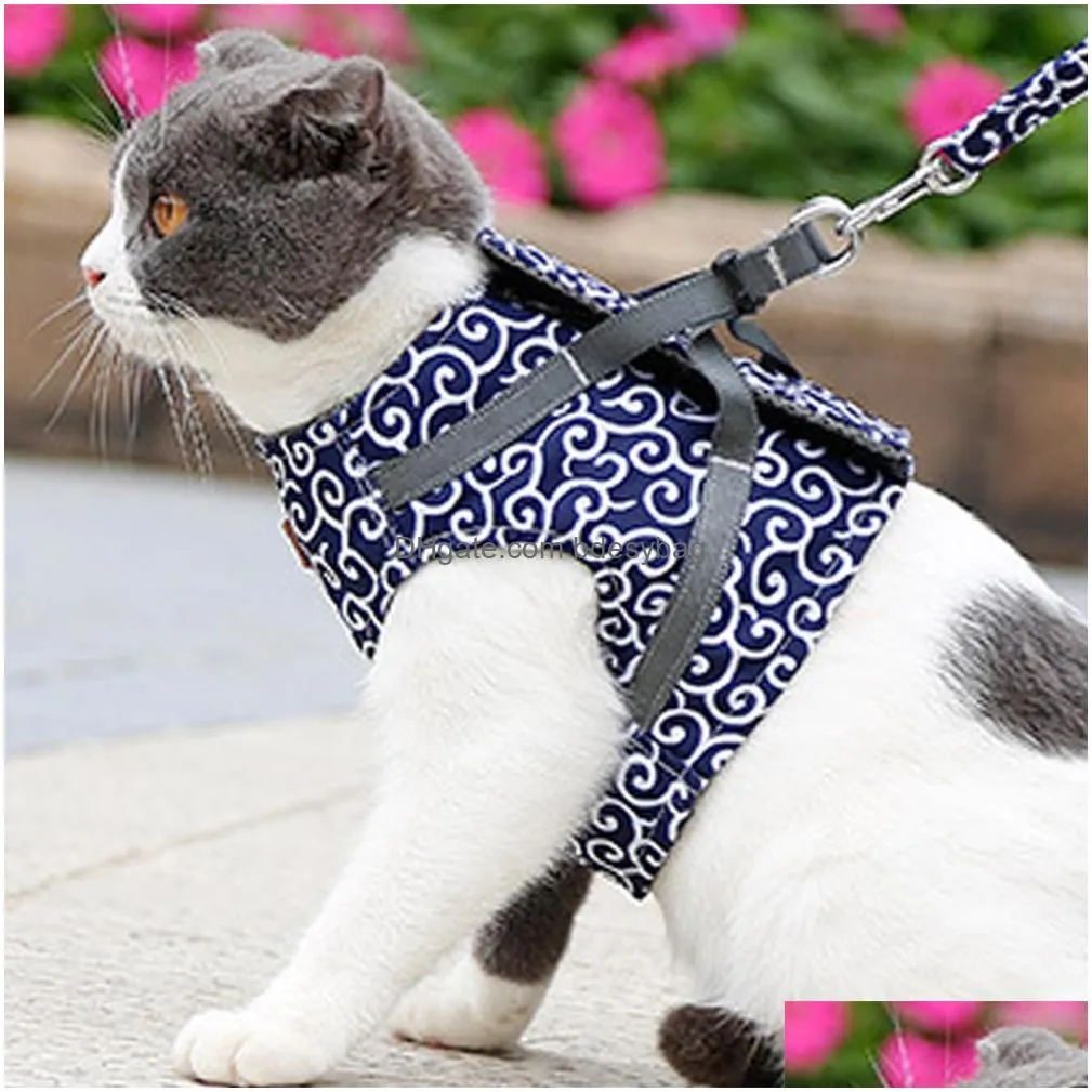 Dog Collars & Leashes Cat Dog Harness Vest Collar Outdoor Walking Lead Leash Set For Puppy Dogs Japanese Style Pet Drop Delivery Home Dhghc