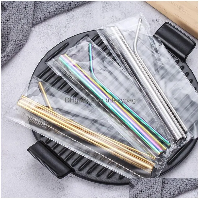 Drinking Straws Colorf Rainbow Reusable Drinking Sts Iridescent Metal With Portable Case And Cleaning Brushes For Tumbler Stainless Dr Dhzhm