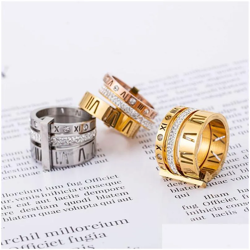 With Side Stones Roman Numerals Engagement Wedding Rings For Women Stainless Steel S Rose Gold Ladies Luxury Ring Drop Delivery Jewel Dhdd2