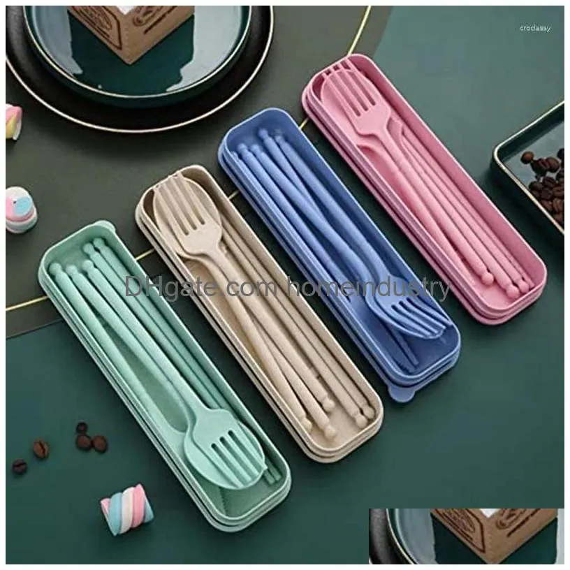 Dinnerware Sets 8 Colors Portable Utensils With Case Reusable Travel Flatware Set Spoon Fork Knife Chopsticks Table Ware Drop Deliver Dhb4Y