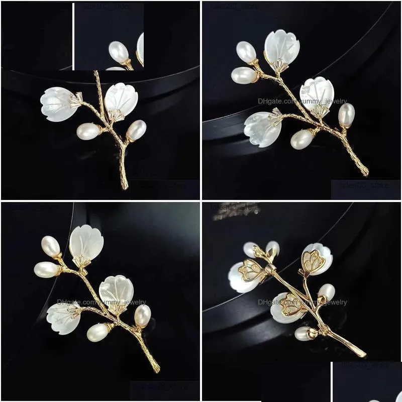 Pins, Brooches Pins Brooches Simple Natural Shell Flower Branch Brooch Elegant Temperament Coat Cardigan Pearl Jewelry Broche Decorat Dh8Qr