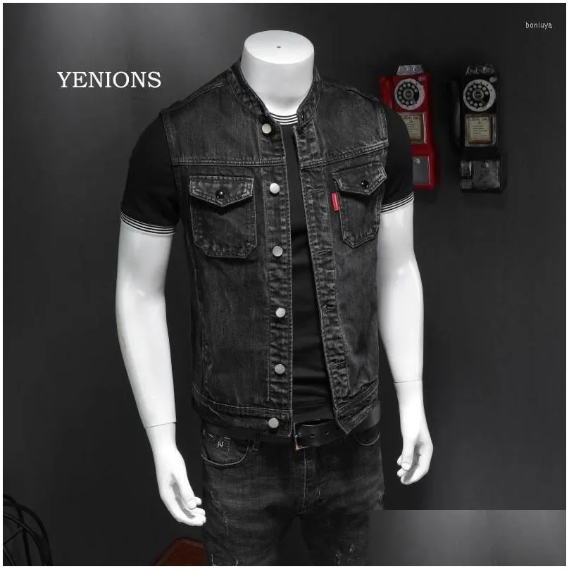 motorcycle apparel retro jean jacket men`s denim vest coats slim black stand collar sleeveless style waistcoat coat cowboy brand