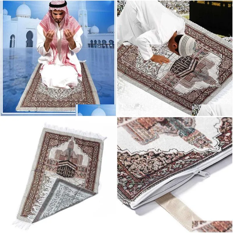 Carpet 1Set Muslim Prayer Rug Portable Polyester Braided Print Mat Travel Home Waterproof Blanket With Carrying Bag 65X105Cm 210831 Dr Dh2Fb