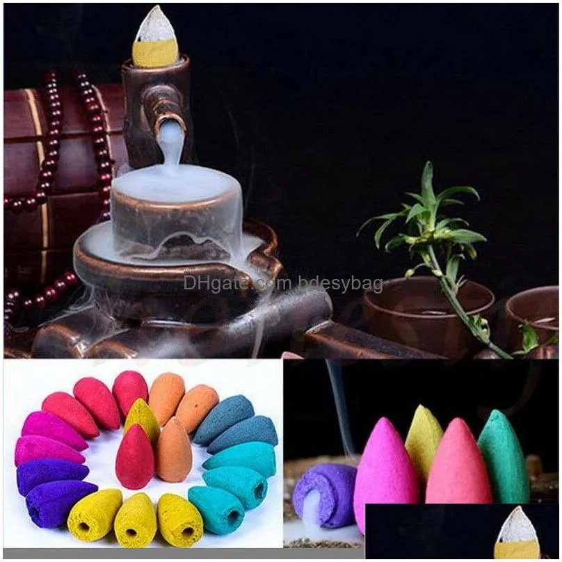 Fragrance Lamps Natural Smoke Backflow Cone Incense 25Pc/Box Waterfall Fragrant Tower Spices Sandalwood Rose Tip For Home Office Drop Dhg8L