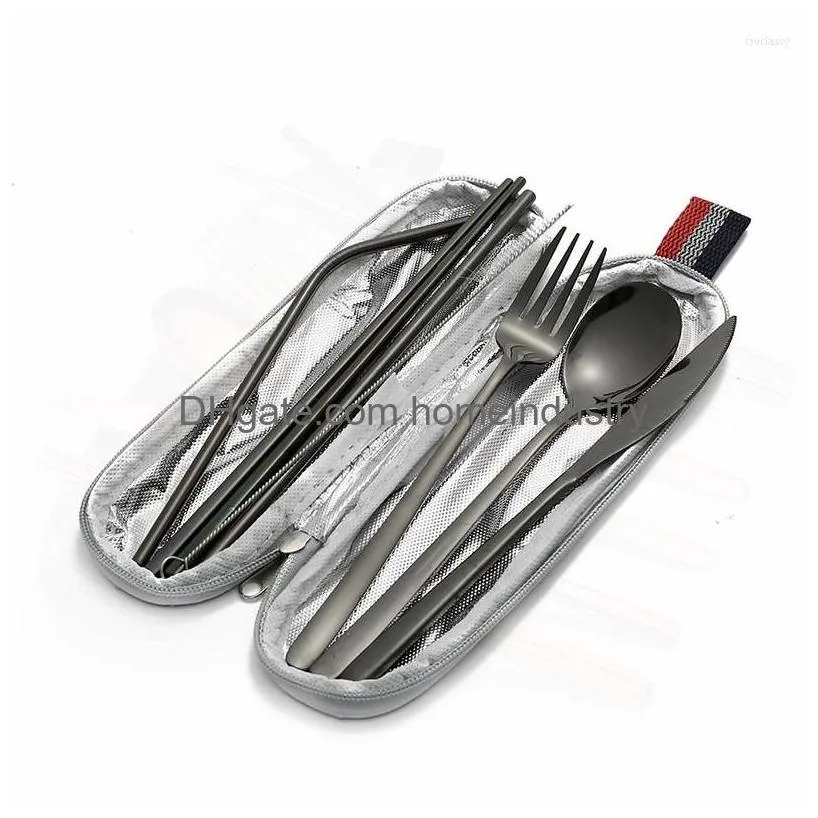 Dinnerware Sets Travel Cutlery Set Reusable Stainless Steel Complete Forks Knives With Pouch Rose Gold Flatware Drop Delivery Dhuw8