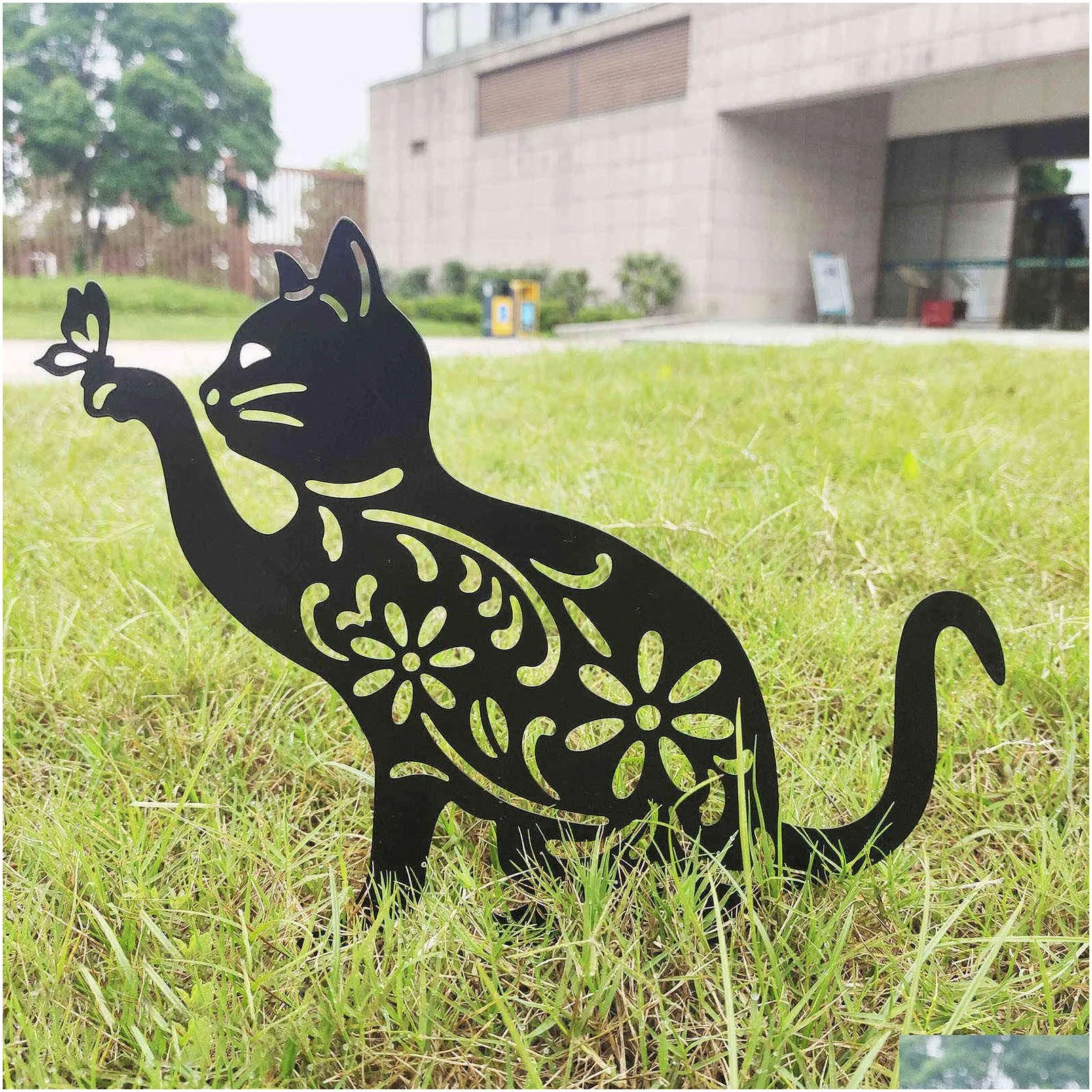 Garden Decorations Cat And Butterfly Yard Art Metal Hollow Out Ornaments Garden Decoration Outdoor Wrought Iron Plug-In Backyard Drop Dhrcg
