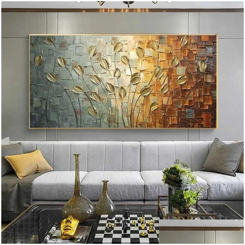 Wall Stickers Nordic Art Abstract Leaves Flowers Oil Painting On Canvas Wall Posters Prints Pictures For Living Room Home Cuadros Drop Dhti1