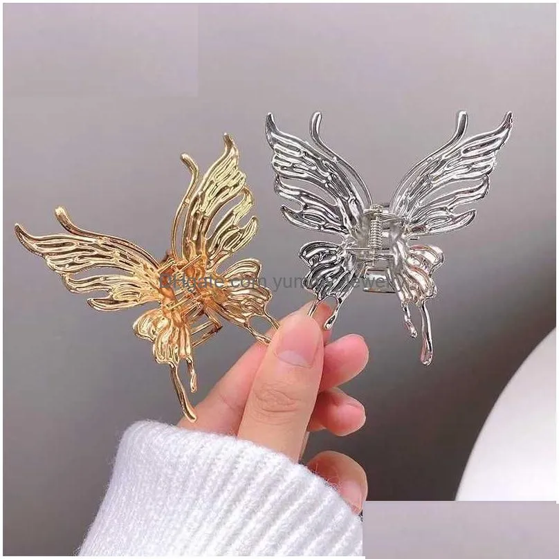 Headwear & Hair Accessories Headwear Hair Accessories 2022 Hollow Butterfly Metal Claws For Women Back Head Clip Cool Delicate Claw Si Dh8U4