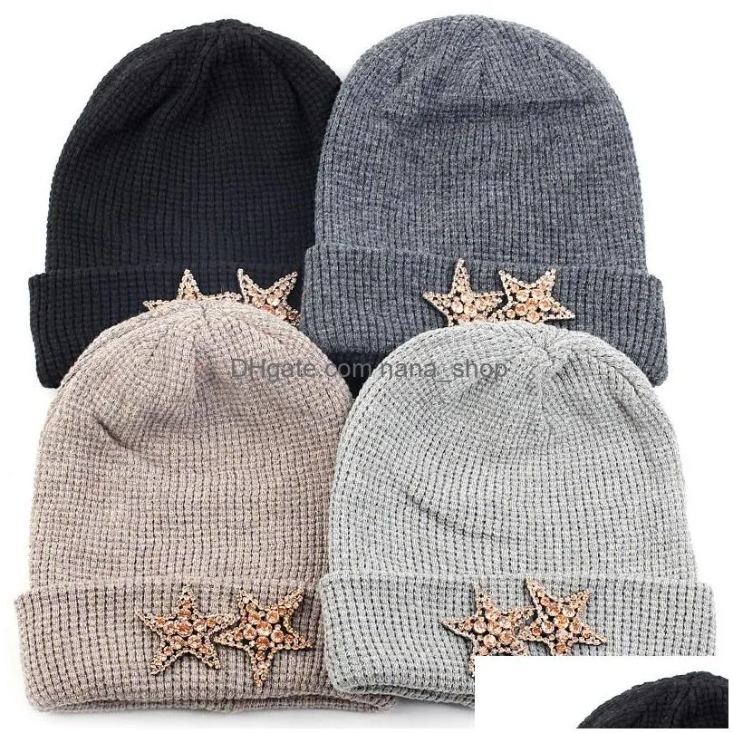 Berets Men Women Cashmere Knitted Beanie Hat With 2 Diamonds Stars Rhinestone Accessories Warm Sklies Beanies Plover Cuff Cap Drop De Dhyo6