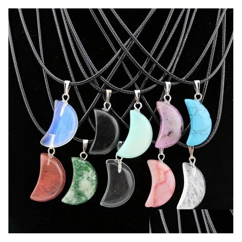 Pendant Necklaces Rope Leather Necklaces Statement Turquoise Rose Quartz Heart Moon Natural Stone Pendants Necklace Drop Delivery Jewe Dhhuq