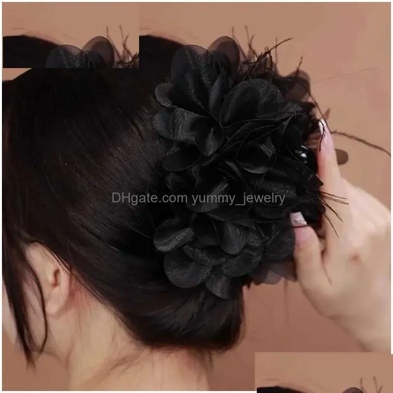 Headwear & Hair Accessories Headwear Hair Accessories Black Mesh Bow Feather Flower Claw Women Hairwear Large Size Casual La Ostrich C Dh4Nt