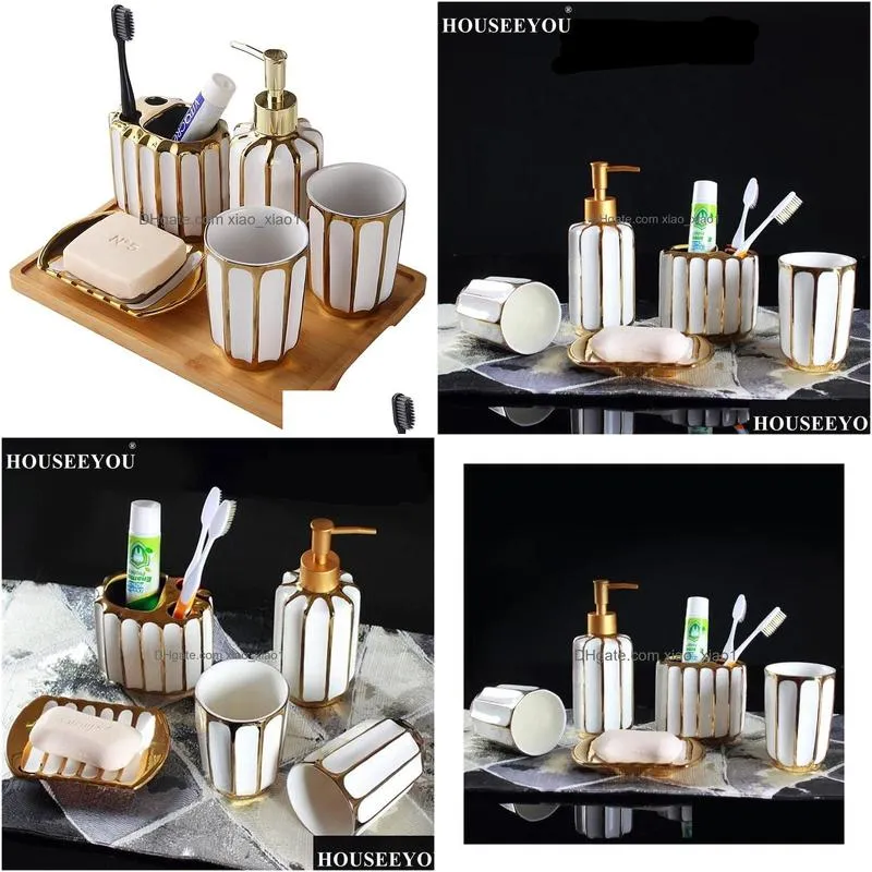 sets 5pcs/lot golden plating ceramic bathroom accessories set soap dispenser toothbrush holder tumbler soap dish bathroom products