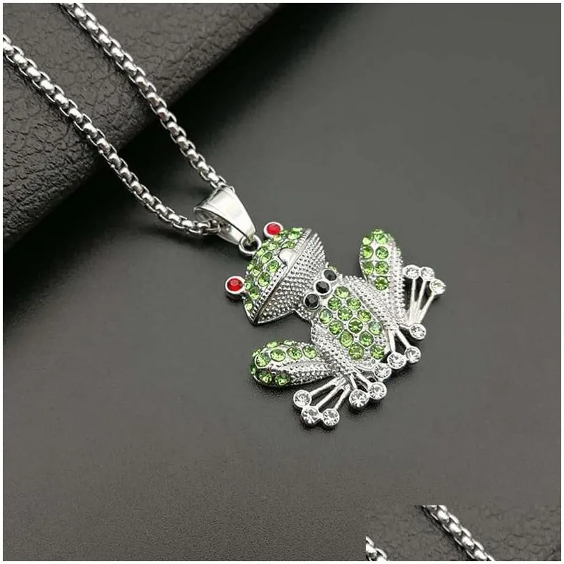 Pendant Necklaces Hip Hop Rhinestones Pave Bling Iced Out Gold Sier Color Stainless Steel Frog Pendants Necklace For Men Rapper Drop Dhnaw