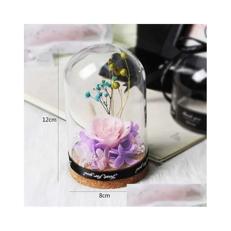 Decorative Flowers & Wreaths Valentine Mother Day Wedding Party Gift Preserved Rose Immortal Flowers In Glass Dome With Lamp Home Deco Dhkps