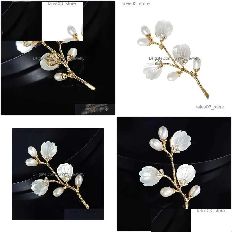 Pins, Brooches Pins Brooches Simple Natural Shell Flower Branch Brooch Elegant Temperament Coat Cardigan Pearl Jewelry Broche Decorat Dh8Qr