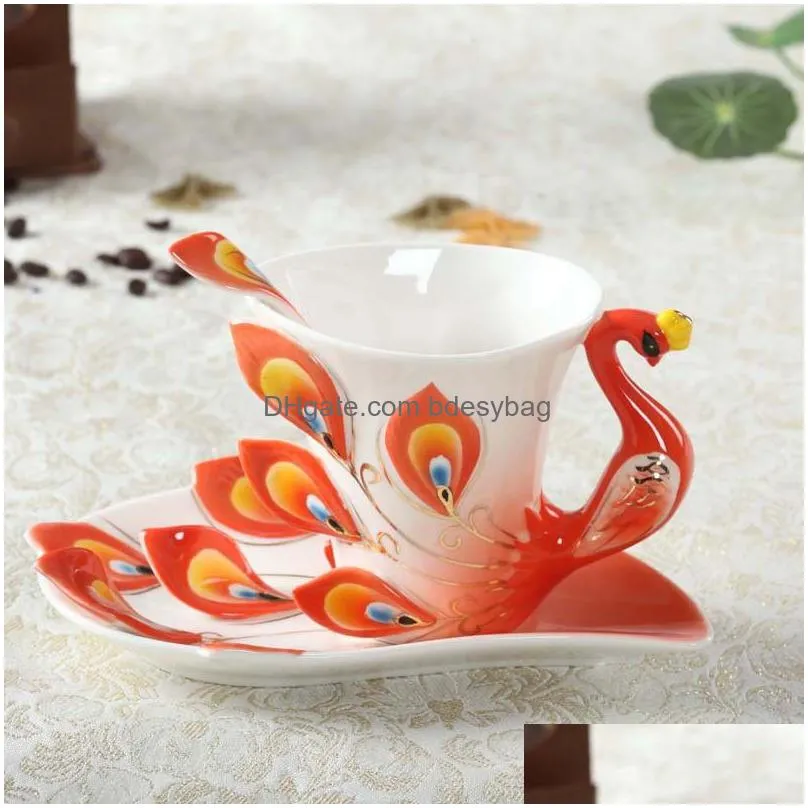 Coffeware Sets Enamel Coffee Mug Cup Saucer And Spoon Set Household Ceramic Afternoon Tea Birthday Festival Gift Drop Delivery Home Ga Dhb6C