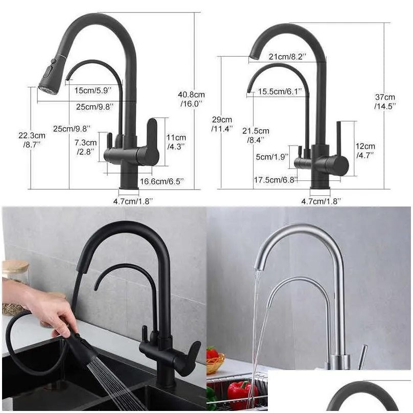 Kitchen Faucets Deck Mounted Black Kitchen Faucets Pl Out Cold Water Filter Tap For Three Ways Sink Mixer Faucet Elk9139B 210903 Drop Dh4Qv