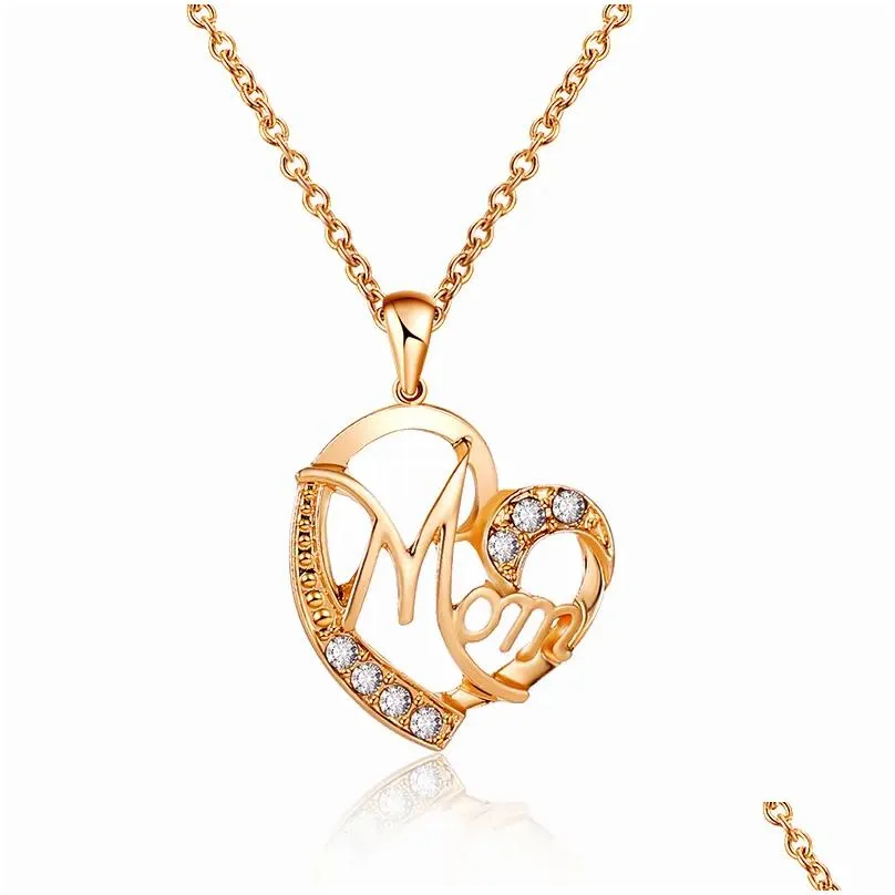 Pendant Necklaces Mom Necklace Mothers Day Gift For Hollow Out Gold Sier Alloy Metal Crystals Necklaces Heart Pendant Drop Delivery Je Dho3W
