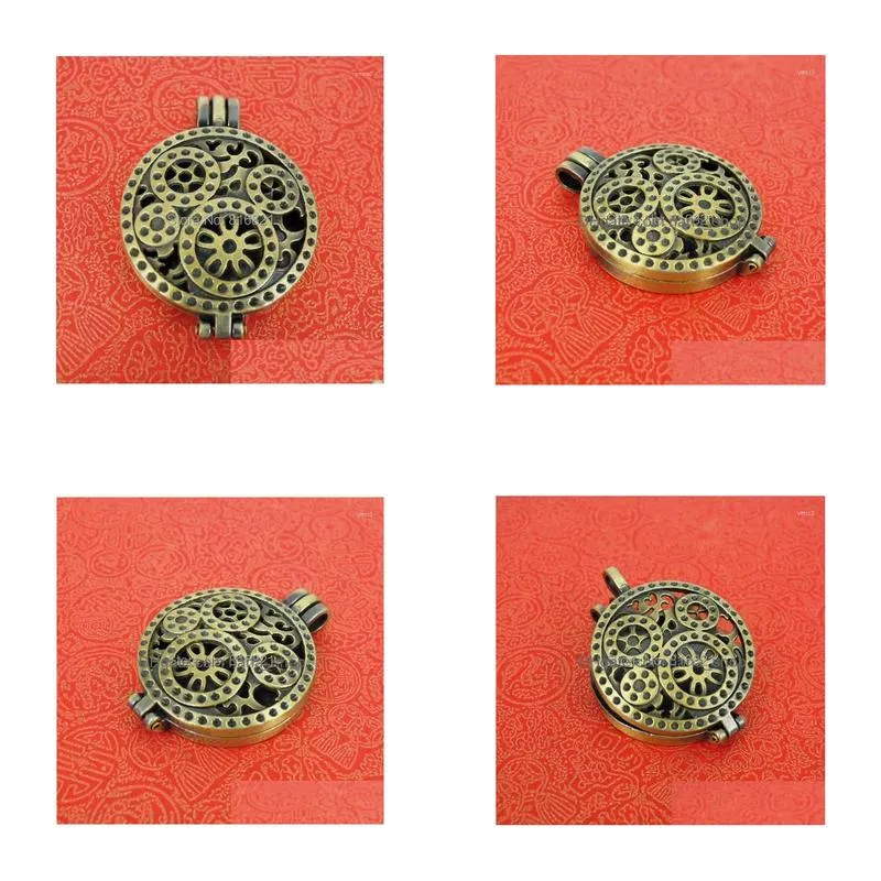 Pendant Necklaces 33X44Mm Antique Bronze Brushed Blank Bases Metal Round Filigree Hollow Gear Po Locket Settings Diy Findings Drop De Dh4Nf