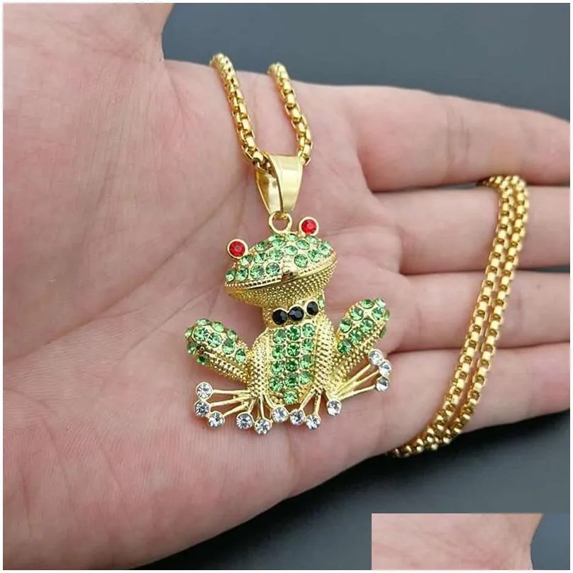 Pendant Necklaces Hip Hop Rhinestones Pave Bling Iced Out Gold Sier Color Stainless Steel Frog Pendants Necklace For Men Rapper Drop Dhnaw