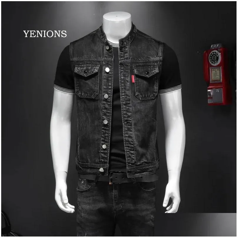 motorcycle apparel retro jean jacket men`s denim vest coats slim black stand collar sleeveless style waistcoat coat  brand