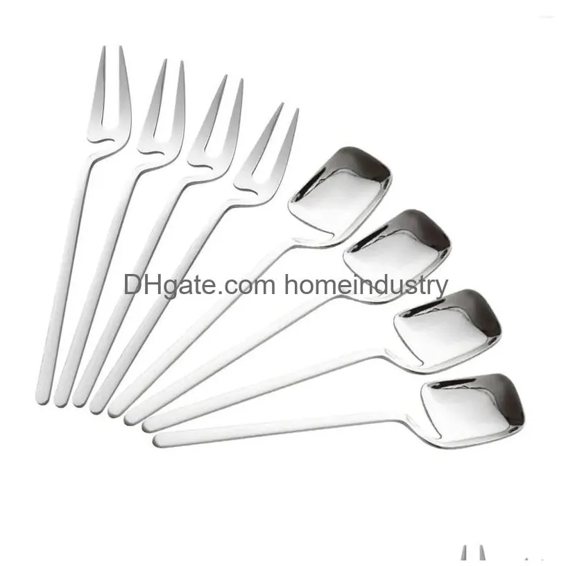 Dinnerware Sets 8Pcs Mini Dessert Fork Spoon Set Party Fruit Appetizer Long Handle Banquet Stainless Steel Cake Hanging Cup Tableware Dhifo