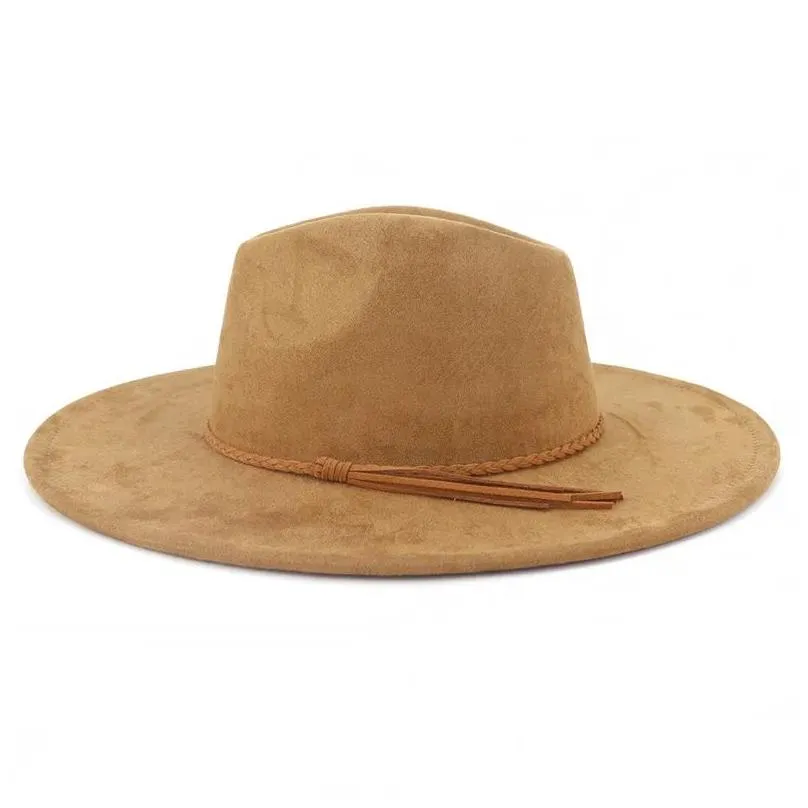 Wide Brim Hats Suede Top Hat 9.5Cm Wide Brim Fedora Men Women Autumn Winter Felt Jazz Hats Classic Church Fedoras Drop Delivery Fashio Dhpyj