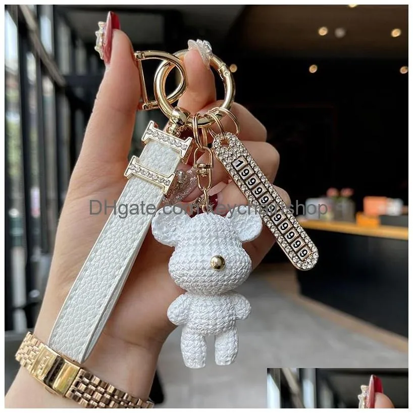 Keychains & Lanyards Keychains Lanyards Designer Key Chain Luxury Bag Charm Female Cute Bear Ring Fashion Fur Ball Pendant Male Trend Dhac2