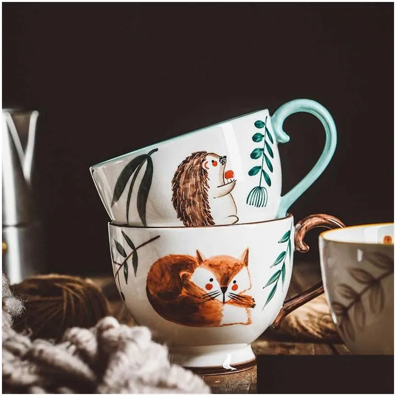 Mugs Nordic Style Retro Hand-Painted Ceramic Coffee Mug Teacup Home Breakfast Milk Cups Animal Water Cup 210827 Drop Delivery Home Gar Dhcvh