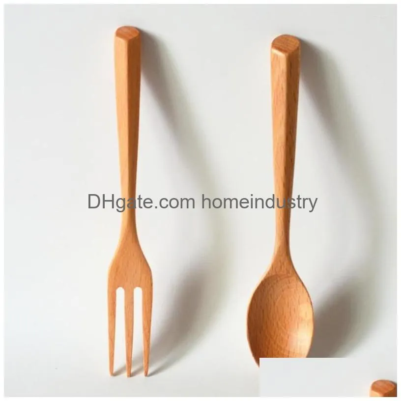 Dinnerware Sets 4Pcs Portable Long Handle Wooden Spoons Simple Natural Beech Soup Tableware For Eating Kitchen Drop Delivery Dh6Dm