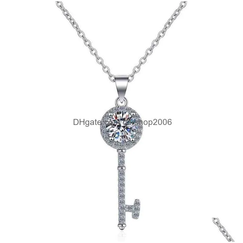 passed diamond test moissanite 925 sterling silver key simple clavicle chain pendant necklace women fashion cute jewelry 05-1ct317y