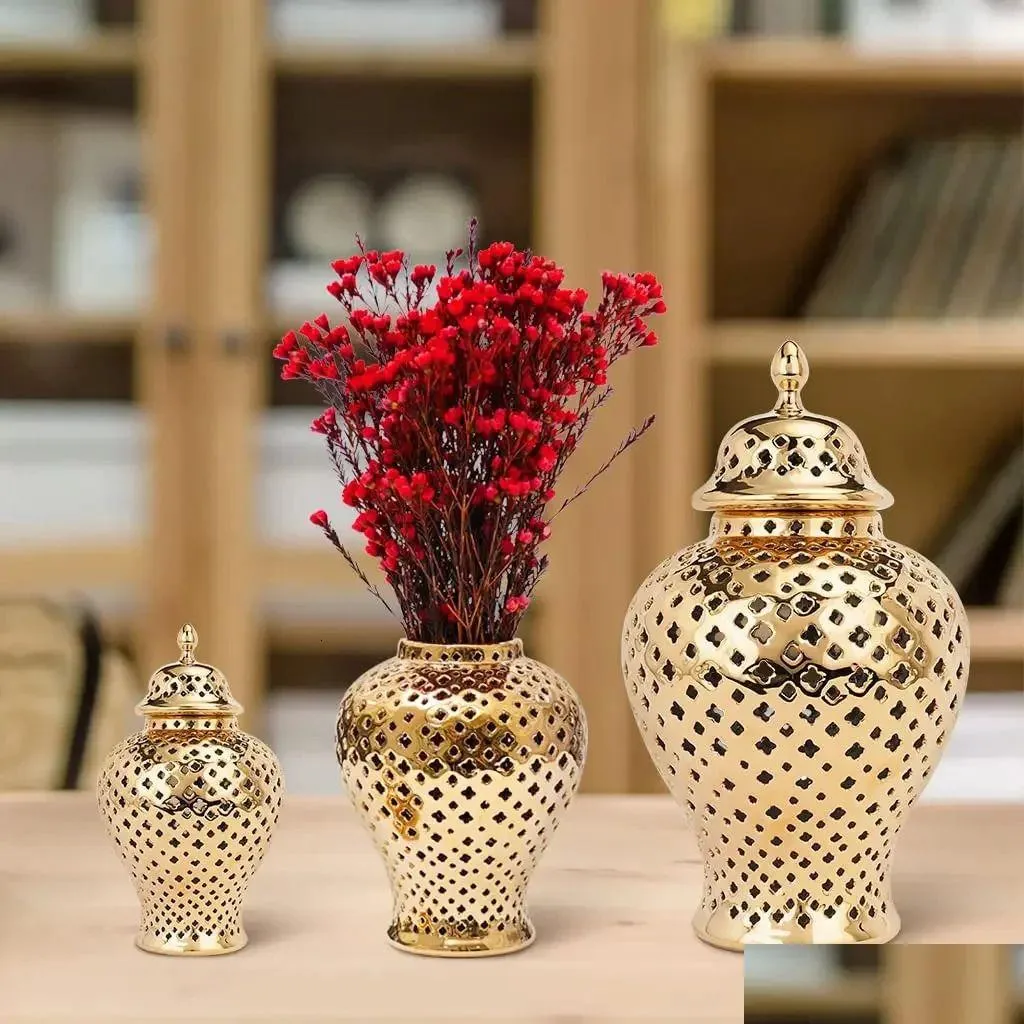 pierced gold ceramic vase ginger jar with lid hollow out storage jar bud vase carved lattice temple jar for room home decorative