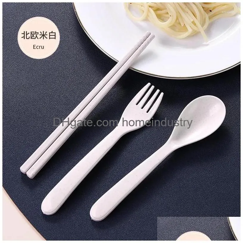 Dinnerware Sets Wheat St Tableware Childrens Cutlery Spoon Chopsticks Fork Portable Dining Set Kitchen Outdoor Drop Delivery Dhsqx